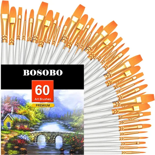 Vista 25 de BOSOBO Juego de pinceles de pintura, 10 pinceles de punta redonda puntiaguda, pinceles de nailon para artistas de cabello acrílico, acuarela