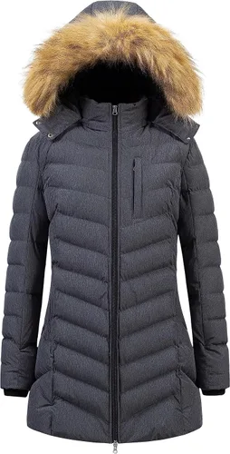 Vista 12 de CREATMO US Abrigo de invierno con capucha para mujer, impermeable, cálido, largo acolchado, parka Azul (Acid Blue)