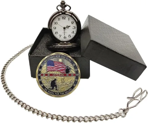 Vista 3 de Regalos para veteranos, reloj de bolsillo para veteranos con ChanllengCoin militar, los mejores regalos del día de los veteranos
