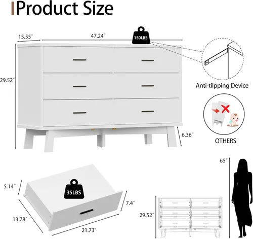 Vista 2 de Xixini Cómoda para dormitorio, cómoda moderna de 6 cajones con base resistente en forma de X, organizador de almacenamiento de ropa doble de madera