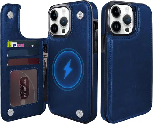 Vista 7 de Funda magnética tipo cartera con tapa para iPhone 14Pro Max de 6.7 pulgadas, compatible con MagSafe, soporte de cuero con soporte para tarjetas