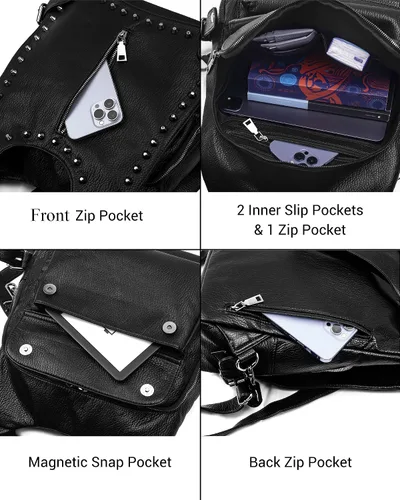Vista 4 de Mochila de cuero para mujer, diseño de moda, de viaje, convertible, con borla, estilo acolchado, 01 Negro, Tachuelas