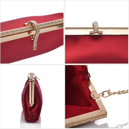 Vista 4 de Bolsa de embrague clásica de satén de lujo con elegante bolso cruzado con diamantes de imitación para boda, novia, graduación, graduación
