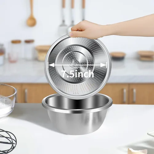 Vista 5 de Colador de acero inoxidable 304 de 3 cuartos con tazones para mezclar, colador para alimentos de cocina para lavar verduras, frutas, arroz, apto