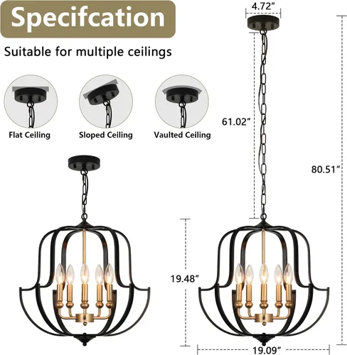 Vista 8 de Lámpara de araña negra y dorada de 19" para comedor, lámparas de araña rústicas de granja de 5 luces, luz colgante industrial moderna para cocina