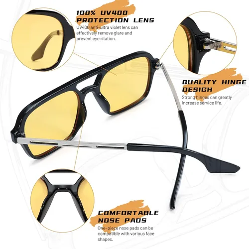Vista 3 de Hycredi Lentes de sol planos estilo aviador retro de los años 70, gafas cuadradas vintage de moda para mujeres y hombres, diseño de metal, sombras