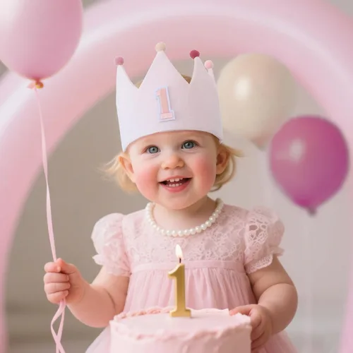 Vista 2 de Muslin Crown Hat First Years Birthday for Baby Girl Party Decoration Pink Headband Rosa