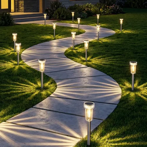 Vista 10 de DERAYSION Luces solares para exteriores, paquete de 8 luces impermeables para caminos de jardín, iluminación con poste de acero inoxidable