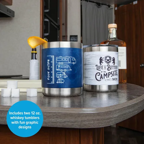 Vista 3 de Camco Life is Better at The Campsite - Vasos de whisky Lowball Vasos elegantes y aislados para whisky o bourbon favorito Paquete de 2 (53328)