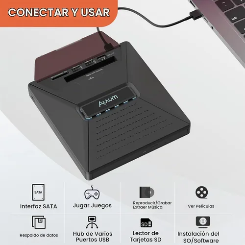 Vista 5 de Alxum Unidad externa de CD y DVD, quemador óptico del lector de discos con Sata negro
