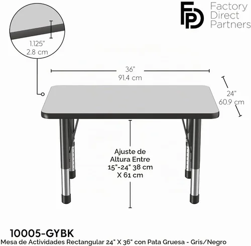 Vista 2 de FDP - Mesa rectangular para actividades escolares y aulas (24 x 36 pulgadas), patas gruesas para niños pequeños, altura ajustable de 15 a 24 Gris