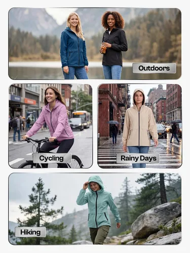 Vista 6 de Chaqueta ligera de lluvia para mujer, impermeable y transpirable, chaqueta con capucha plegable, cortavientos con capucha Beige