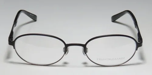 Vista 3 de Trussardi 12730 MensWomens Oval Full-Rim Shape Flexible Hinges Faux Leather Inserts Classy EyeglassesEyeglass Frame