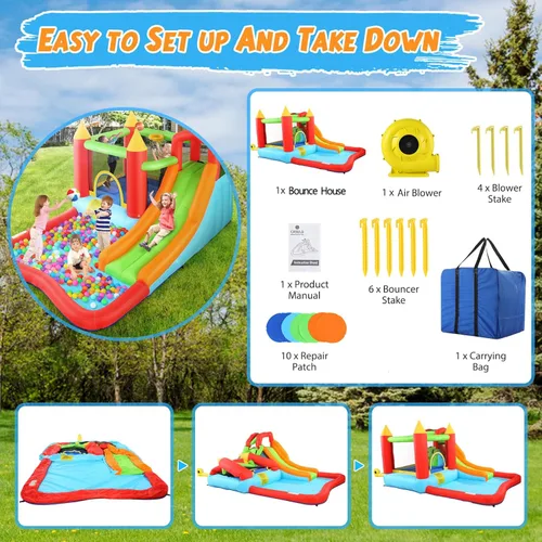 Vista 6 de Casa de rebote, casa inflable con tobogán para niños de 5 a 12 años, tobogán acuático para niños, parque acuático para patio trasero con tobogán