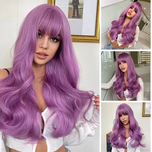 Vista 4 de AISI QUEENS Pelucas moradas para mujer, peluca larga morada con flequillo, pelucas moradas, pelucas onduladas moradas, pelucas sintéticas