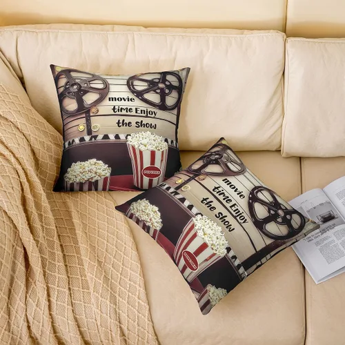 Vista 2 de Homewish Theater Cinema Poster Throw Pillow Covers (Pack of 1),Retro Movie Cushion Cover for Kids Boys Teens Popcorn Pillow Cases Movie Night Living