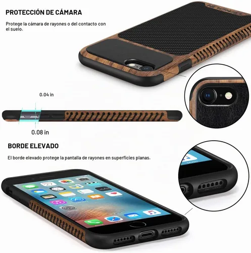 Vista 4 de TENDLIN Funda compatible con iPhone SE 2022/SE 2020/8/7, diseño de textura de fibra de carbono de grano de madera, diseño de textura de cuero, funda
