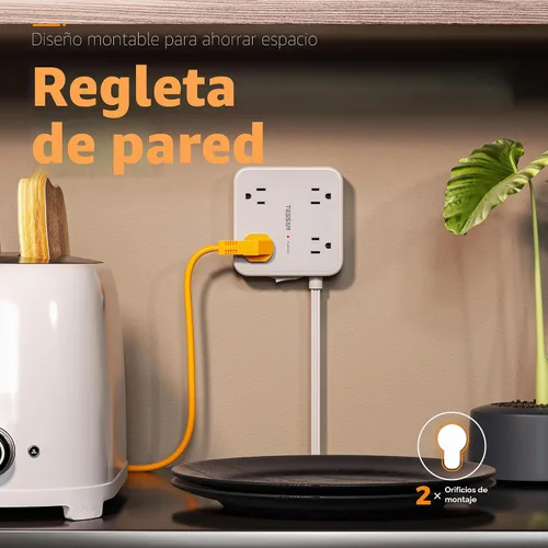 Vista 6 de TESSAN - Tira de alimentación con protector de sobretensiones, cable de extensión plano de 5 pies con 8 salidas de CA, 3 puertos USB (1 USB C), Gris