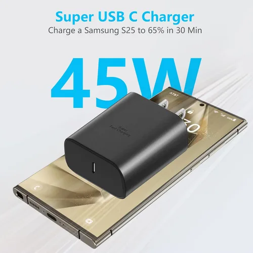 Vista 2 de Cargador súper rápido de 45 W para Samsung, cargador de teléfono Android, paquete de 2 Cable USB C a C de 10 pies, bloque de carga de 45 vatios