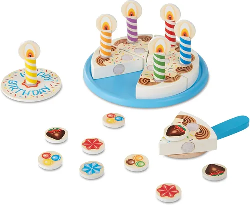 Vista 5 de Melissa & Doug, pastel de fiesta de cumpleaños, juego con alimentos, mezclar y combinar, decoraciones para pastel y 7 velas