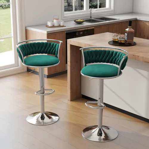Vista 40 de Juego de 2 taburetes de bar giratorios de 360°, silla de bar de terciopelo ajustable a altura de mostrador moderna, taburete de metal plateado