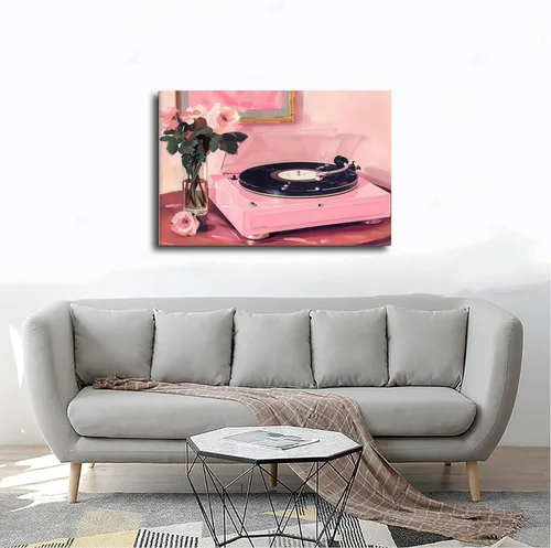 Vista 4 de YFET Tocadiscos vintage Y2K Room Flowers Pink Retro Music Lover Preppy Room - Póster artístico de pared y arte de pared, póster moderno