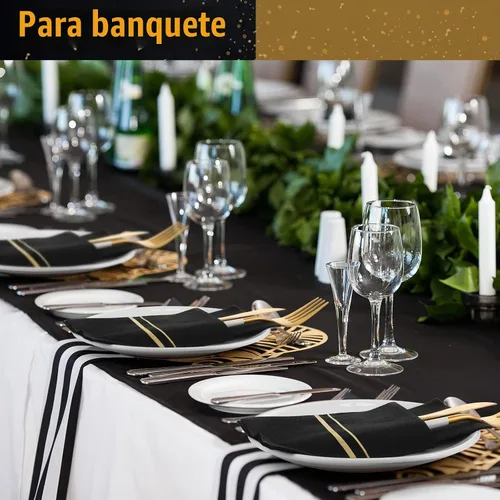 Vista 4 de Paquete de 100 servilletas de cena negras y doradas con bolsillo para cubiertos Disposable Linen Feel Guest Napkins, Gold Trim Lined Pre Folded