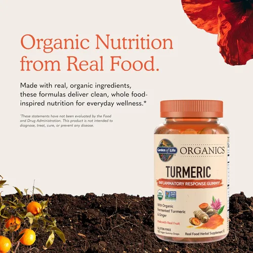 Vista 6 de Garden of Life Organics - Gomitas de respuesta antiinflamatoria de cúrcuma, 120 gomitas de frutas reales para niños y adultos, 50 mg de curcumina