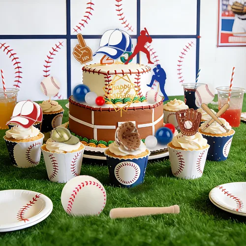 Vista 5 de Juego de 26 decoraciones de pastel de béisbol con mini bolas, jugador, gorras, guantes, murciélagos, adornos de pastel de cumpleaños de béisbol