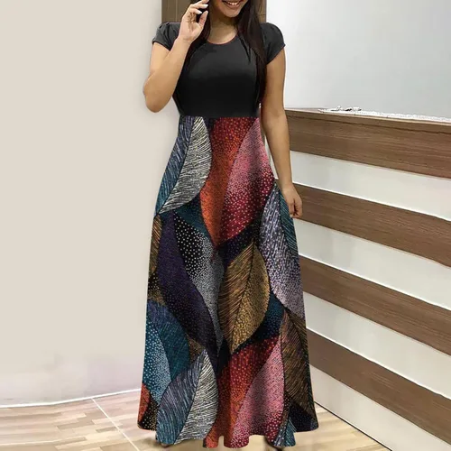 Vista 2 de Vestidos florales para mujer, talla grande, manga corta, cuello redondo, maxivestidos, casual, cintura imperio, retazos, vacaciones, vestido