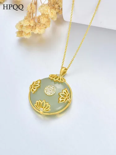 Vista 6 de HPQQ Jade Lotus Necklace for Women 14k Gold Plated Sterling Silver LotusSunflowerRoseMushroom Round Jade Jewelry Anniversary Birthday Gifts for