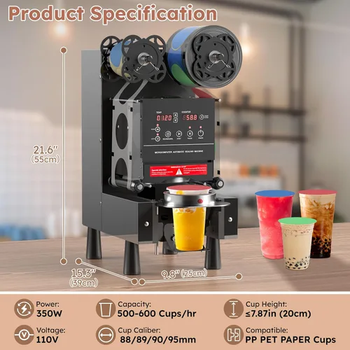 Vista 2 de Máquina de sellado de tazas, sellador automático completo de tazas, máquina Boba eléctrica de 88/89/90/3.740 in, 600 tazas/H, vasos de plástico