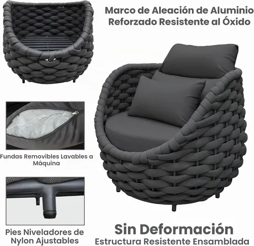 Vista 4 de Juego de muebles de cubierta: 3 piezas de sofá de conversación de patio de cuerda tejida de aluminio para 2, cómodos cojines para sofá y mesa