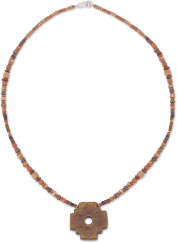 Vista 3 de NOVICA Collar con colgante de cuentas de cerámica hecho a mano con cruz de chakana de Perú sin piedra Inca 'Sun Chakana', Cerámica Plata esterlina
