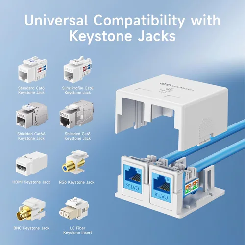 Vista 4 de Cable Matters Caja de montaje en superficie con conector Keystone de 2 puertos con certificación UL, color blanco Caja de montaje en superficie