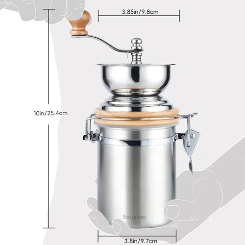 Vista 3 de Easyworkz Molinillo de café manual con recipiente hermético,Ajuste ajustable,Herramienta de molino de grano de café de rebabas de acero inoxidable