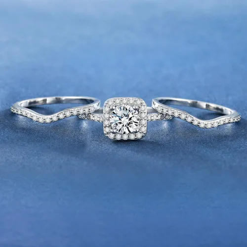 Vista 3 de MDFUN Anillo de compromiso de boda con circonita cúbica chapada en oro blanco de 18 quilates con halo tres en uno, para mujer, Oro blanco