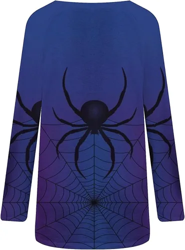 Vista 4 de Huilaibazo Túnica de Halloween para mujer, camisas gráficas de telaraña, blusa de manga larga fluida, túnica de talla grande para leggings