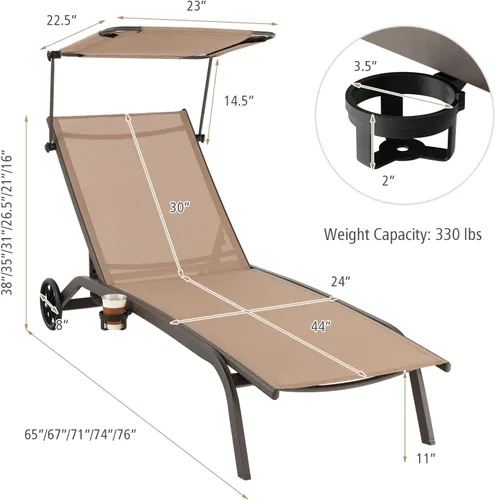 Vista 3 de Tangkula Tumbona para patio, reclinable al aire libre con ruedas, toldo ajustable y portavasos, respaldo de 6 niveles, tumbona reclinable de metal