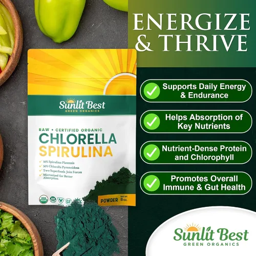 Vista 4 de Sunlit Best USDA Organic Chlorella Spirulina en polvo – Fuente 100% cruda y vegana de proteína y clorofila Bebida energética de superalimentos sin