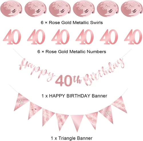 Vista 3 de Decoración de cumpleaños número 40 de oro rosa para niñas, pancarta de feliz cumpleaños 40, remolinos de banderines, pancarta de bandera triangular