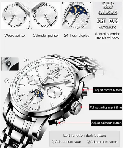 Vista 4 de OLEVS Relojes automáticos para hombre de cuerda automática reloj de pulsera calendario multifunción botón oculto pantalla de sol luna impermeable