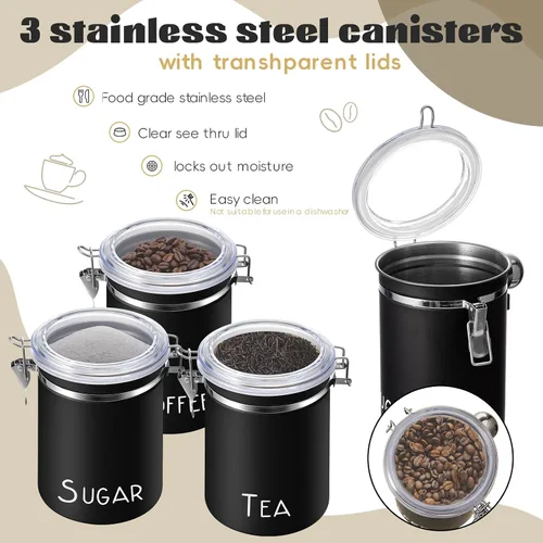 Vista 3 de FillTouch 3 recipientes de café herméticos extra grandes de 60.8 onzas con 3 cucharas, recipientes de acero inoxidable para almacenamiento