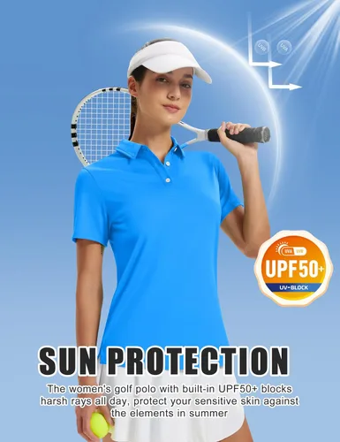 Vista 3 de TACVASEN Camisas polo para mujer, con protección solar UPF 50+, manga corta, secado rápido, cuello de 3 botones, ligeras