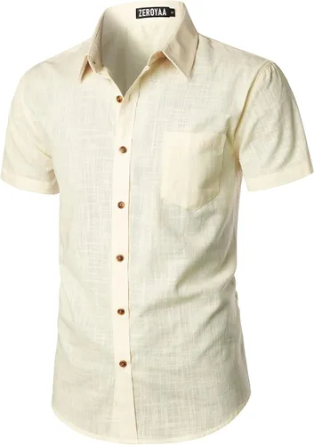 Vista 2 de ZEROYAA Camisas de lino y algodón ajustadas para hombre, de manga corta, con botones, ligeras, para la playa, con bolsillo