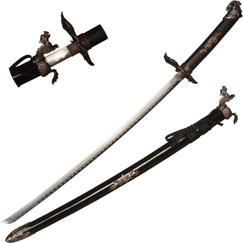 Vista 10 de Espada forjada hecha a mano Samurai Espada Apoyos Katana no afilada Espiga Completa Acero Inoxidable Dragón Rojo/Negro