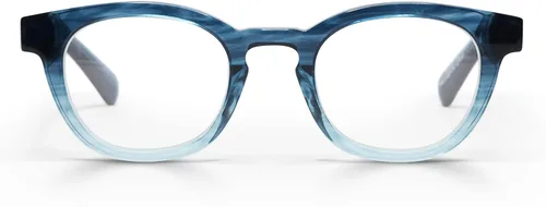 Vista 10 de eyebobs - Waylaid Gafas de lectura tradicionales y azules de primera calidad Marco redondo para caras promedio Ámbar se desvanece frente