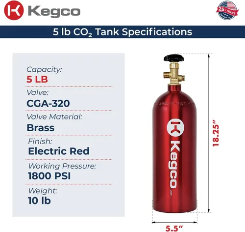 Vista 2 de Kegco 3PB5-RED 5 lb. Tanque de aluminio de Co2 con acabado epoxi rojo eléctrico