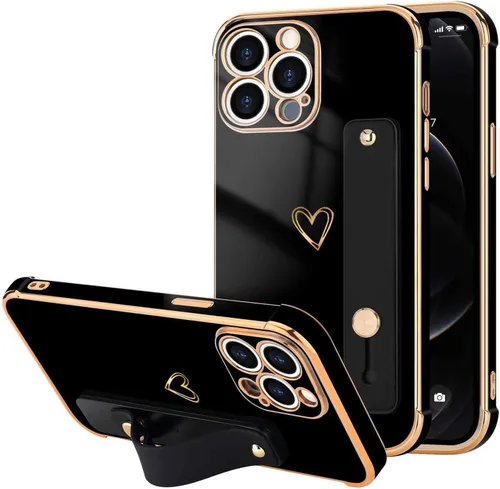 Vista 90 de LLZ.COQUE Funda compatible con iPhone 12 para mujeres y niñas, parachoques chapado de lujo con bonito diseño de corazón de amor, soporte de correa