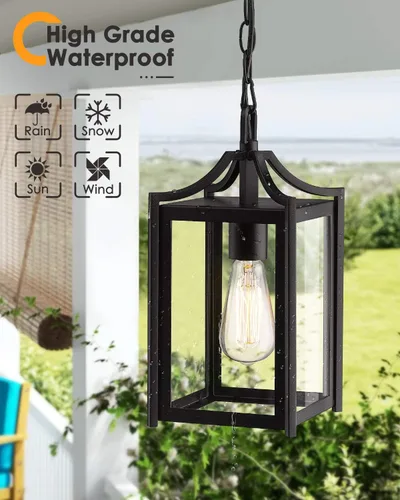Vista 3 de Lámpara Colgante para Exteriores, 14" Luz Colgante Moderna Grande para Porche con Cadena Ajustable, Linterna Colgante Exterior Negra con Vidrio